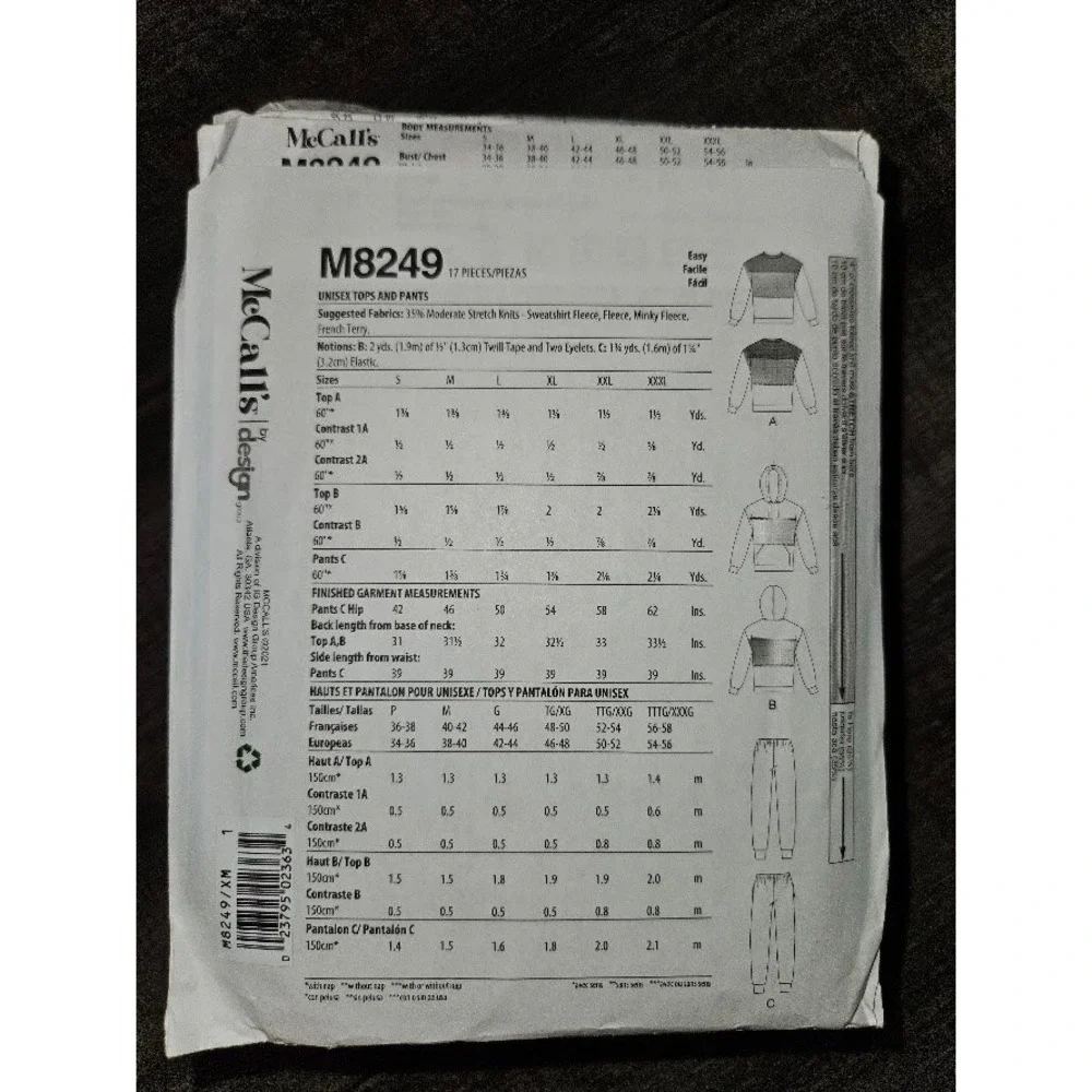 McCalls M8249 Sewing Pattern Unisex Hoodie Sweatshirt Pants Uncut Size S-L